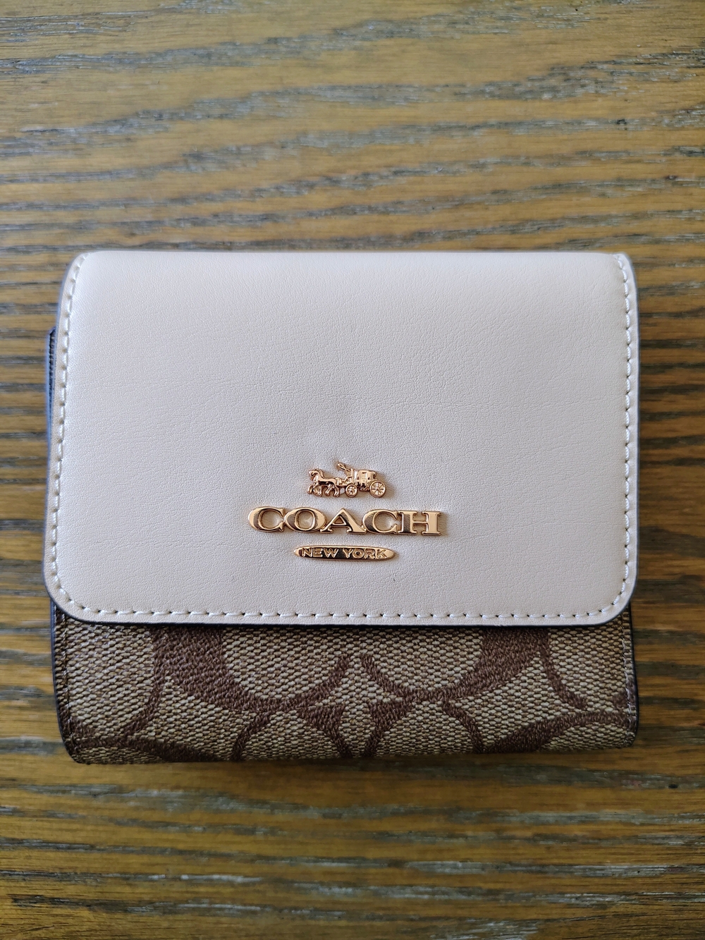 Coach Signature Small Trifold Wallet CE930 Khaki/Ivory NWT